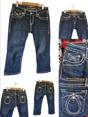 L.A. Idol USA Thick Stitch Rhinestone Capris Dark Wash NWOT Size 9